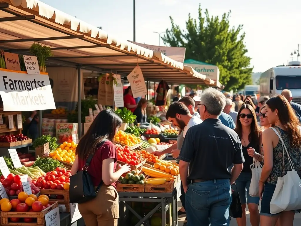 A vibrant image showcasing a diverse group of people interacting at a local farmers market, representing community engagement and connection facilitated by TownVibe360.