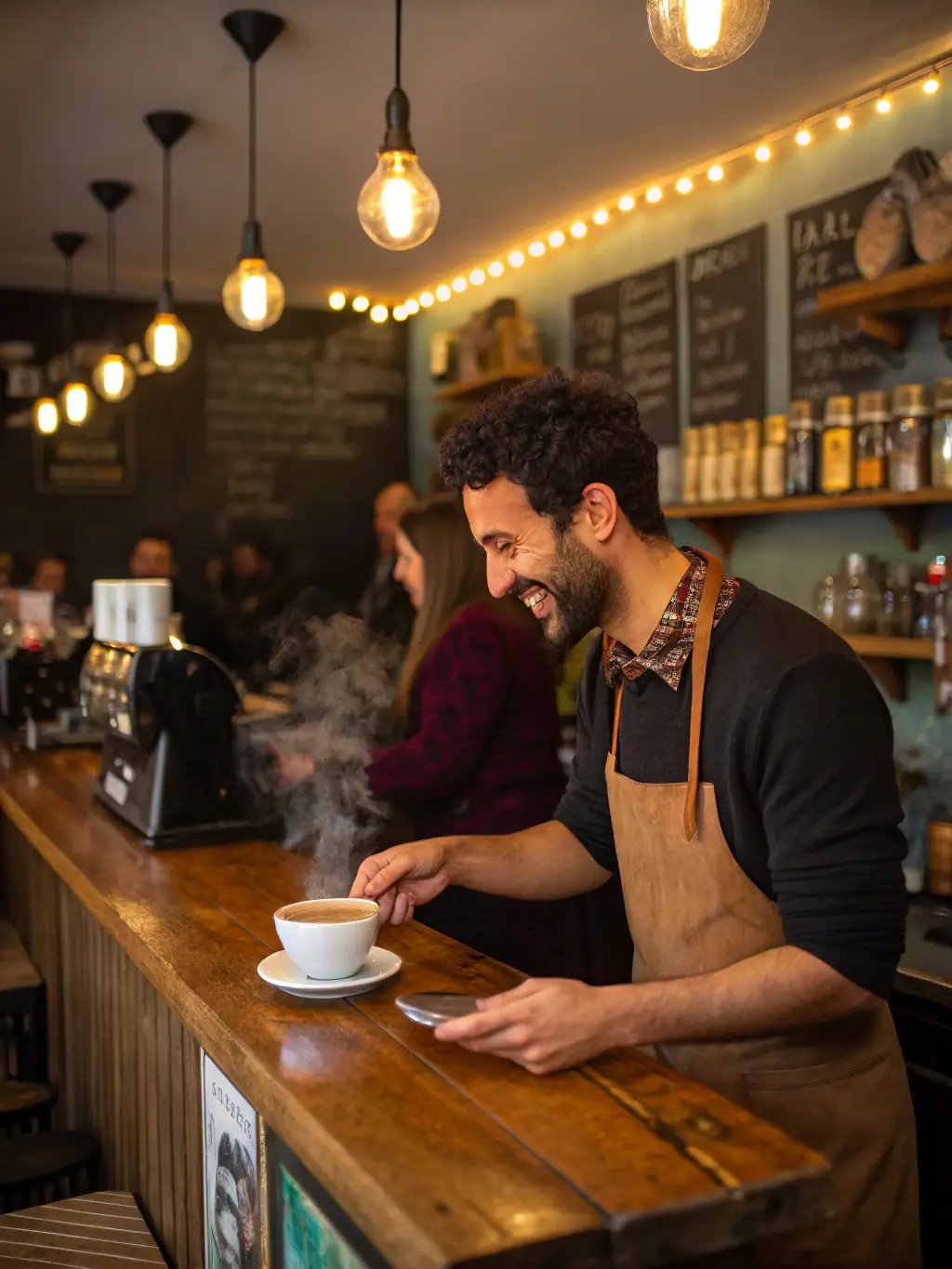 An image of a local business owner smiling and interacting with customers, suggesting the positive impact of increased visibility through TownVibe360.